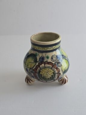 Vintage Tonala Handpainted Mexican Pottery Footed Vase Signed